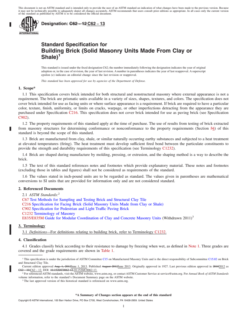 REDLINE ASTM C62-13 - Standard Specification for  Building Brick (Solid Masonry Units Made From Clay or Shale)