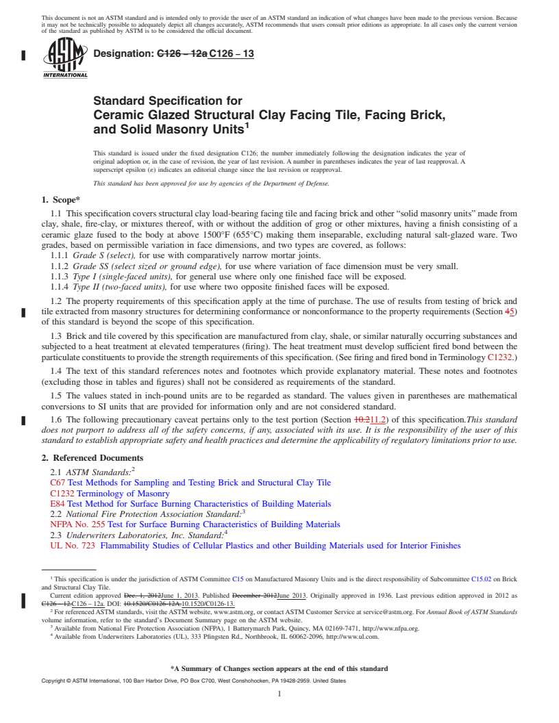 REDLINE ASTM C126-13 - Standard Specification for  Ceramic Glazed Structural Clay Facing Tile, Facing Brick, and  Solid Masonry Units