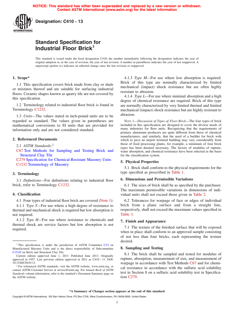 ASTM C410-13 - Standard Specification for  Industrial Floor Brick