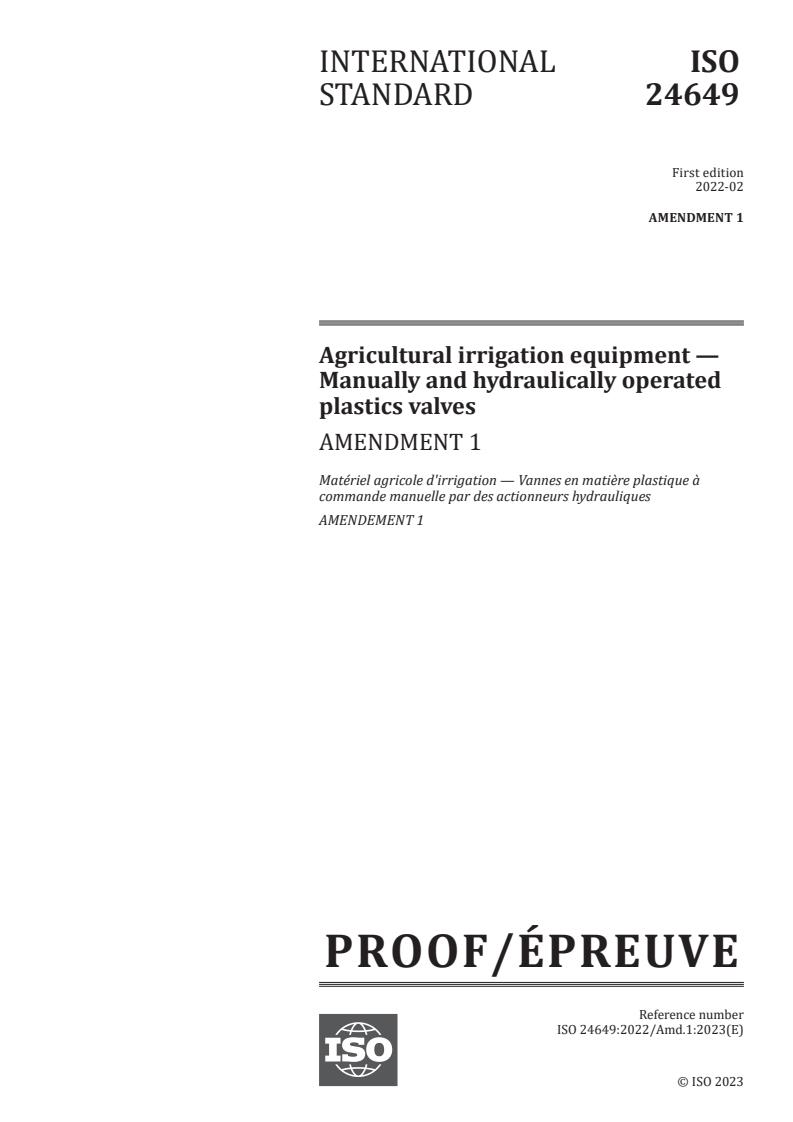 ISO 24649:2022/PRF Amd 1 - Agricultural irrigation equipment — Manually and hydraulically operated plastics valves — Amendment 1
Released:2/1/2023