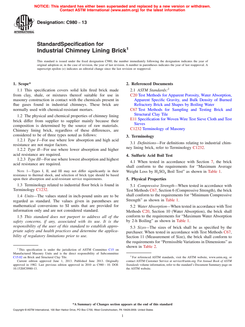 ASTM C980-13 - Standard Specification for  Industrial Chimney Lining Brick