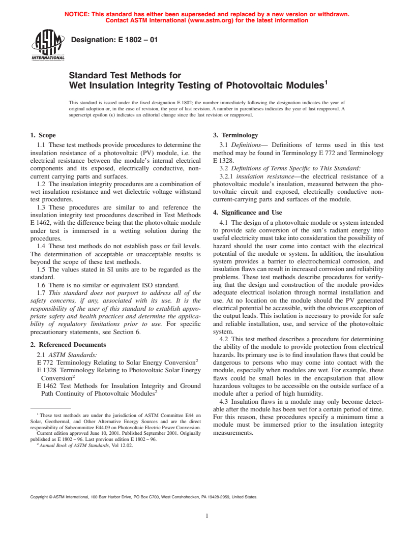 ASTM E1802-01 - Standard Test Methods for Wet Insulation Integrity Testing of Photovoltaic Modules