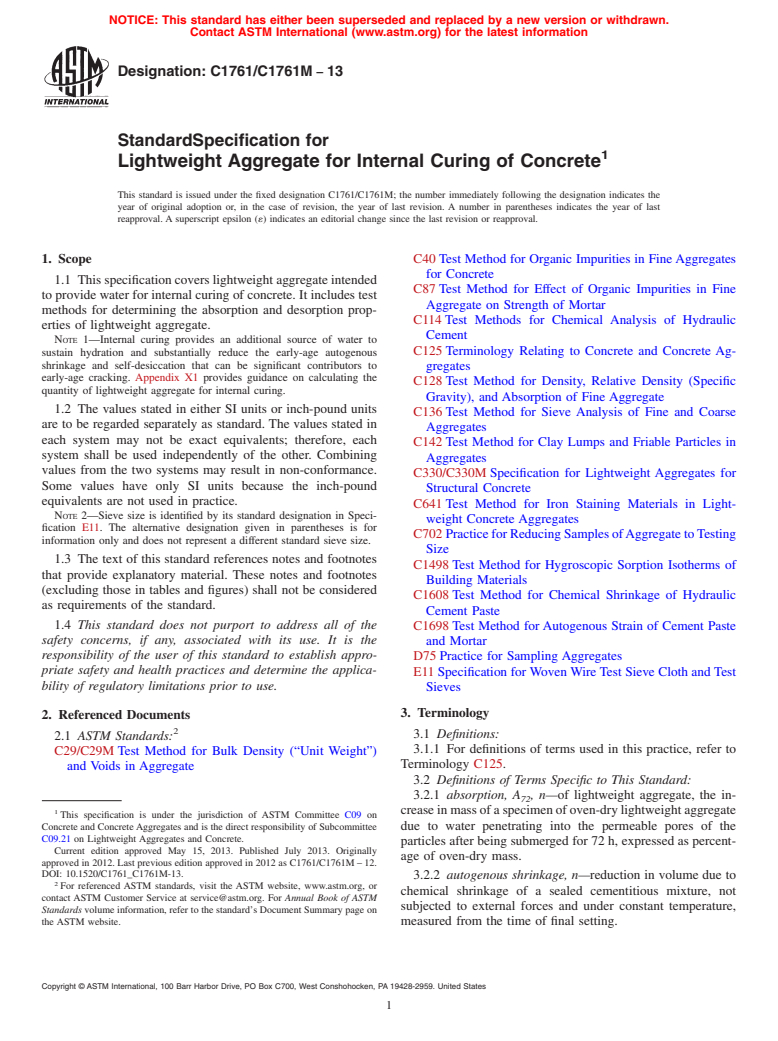 ASTM C1761/C1761M-13 - Standard Specification for  Lightweight Aggregate for Internal Curing of Concrete