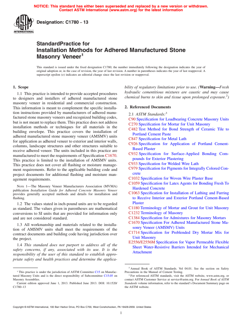 ASTM C1780-13 - Standard Practice for Installation Methods for Adhered Manufactured Stone Masonry  Veneer