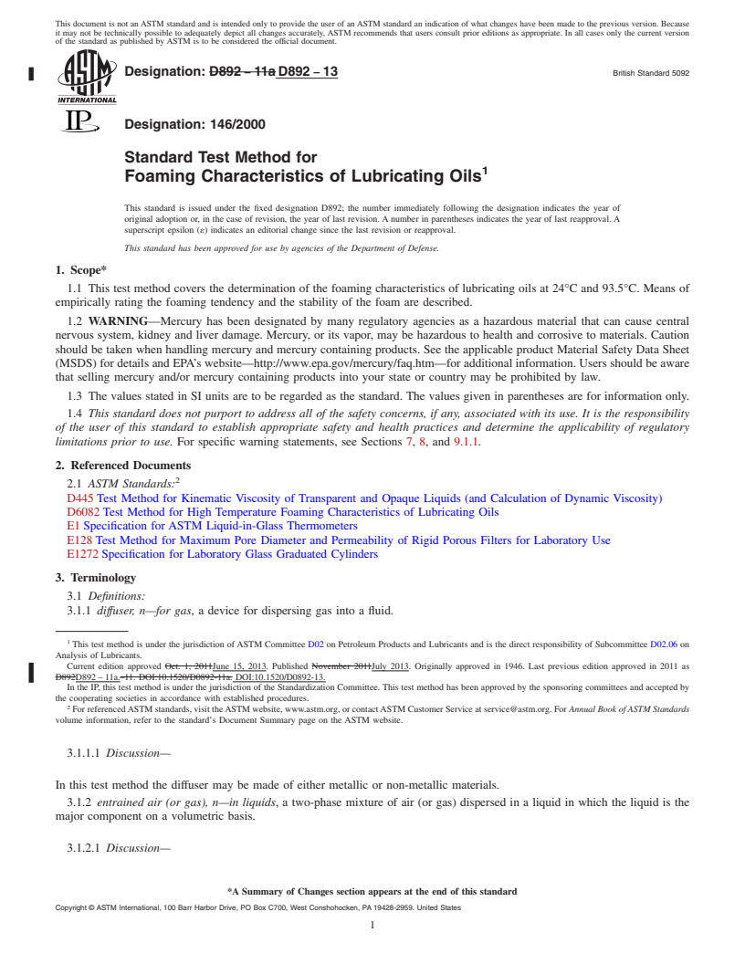 REDLINE ASTM D892-13 - Standard Test Method for  Foaming Characteristics of Lubricating Oils