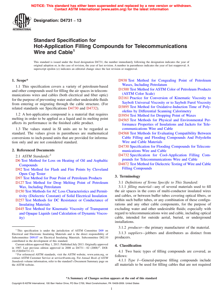 ASTM D4731-13 - Standard Specification for  Hot-Application Filling Compounds for Telecommunications Wire   and Cable