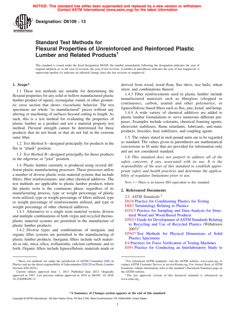 ASTM D6109-13 - Standard Test Methods for  Flexural Properties of Unreinforced and Reinforced Plastic  Lumber and Related Products