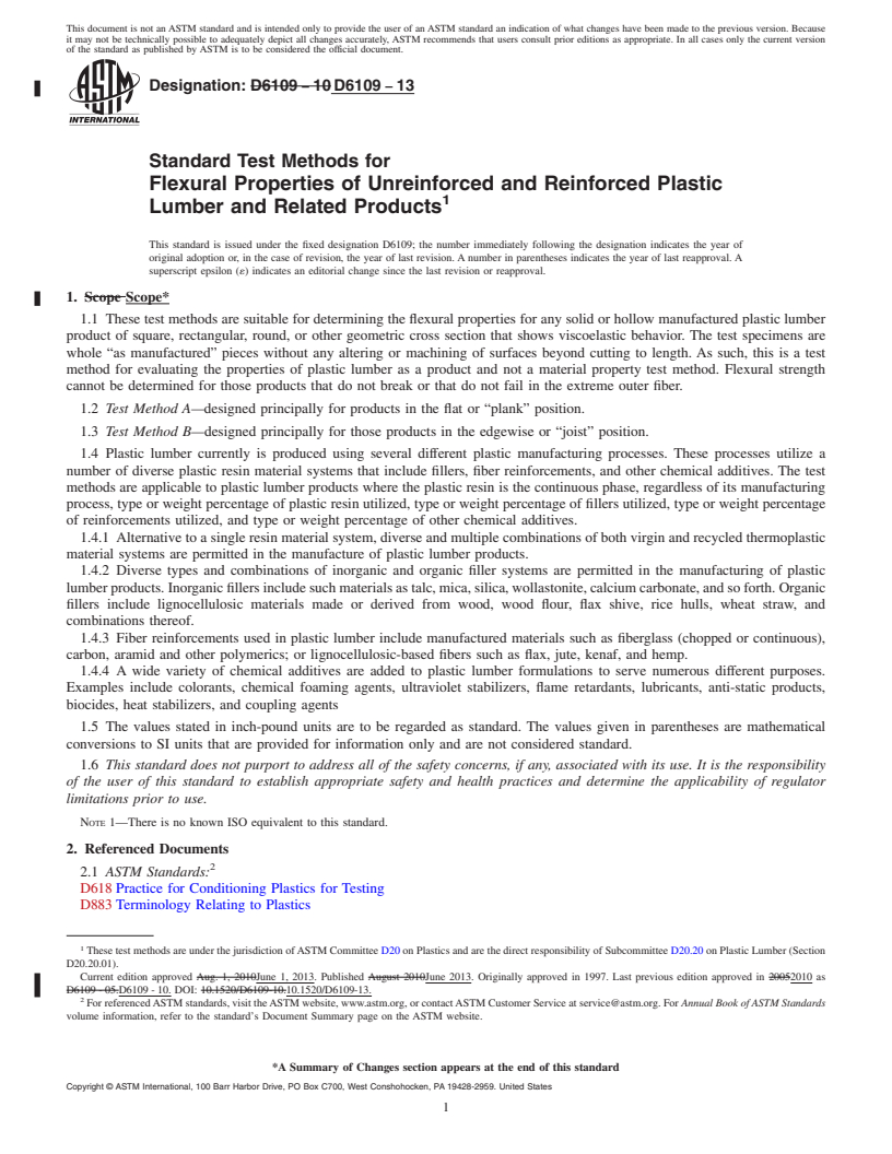 REDLINE ASTM D6109-13 - Standard Test Methods for  Flexural Properties of Unreinforced and Reinforced Plastic  Lumber and Related Products