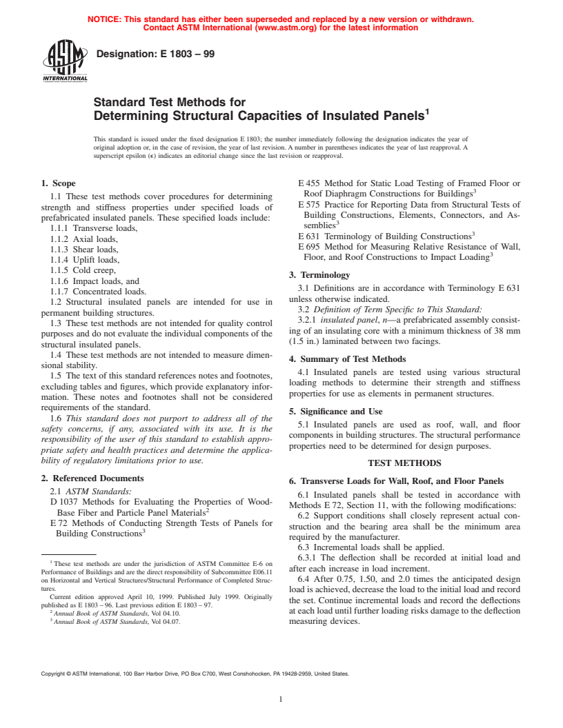 ASTM E1803-99 - Standard Test Methods for Determining Structural Capacities of Insulated Panels