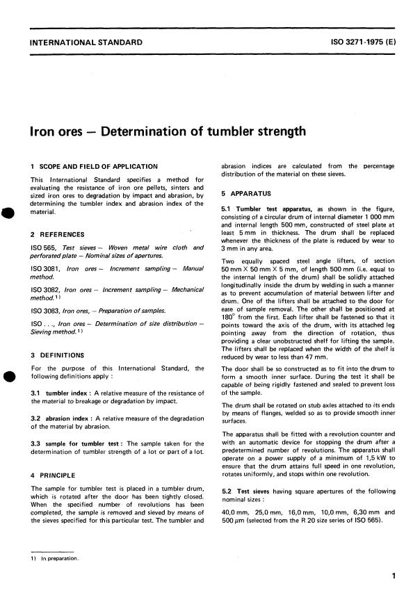 ISO 3271:1975 - Iron ores -- Determination of tumbler strength