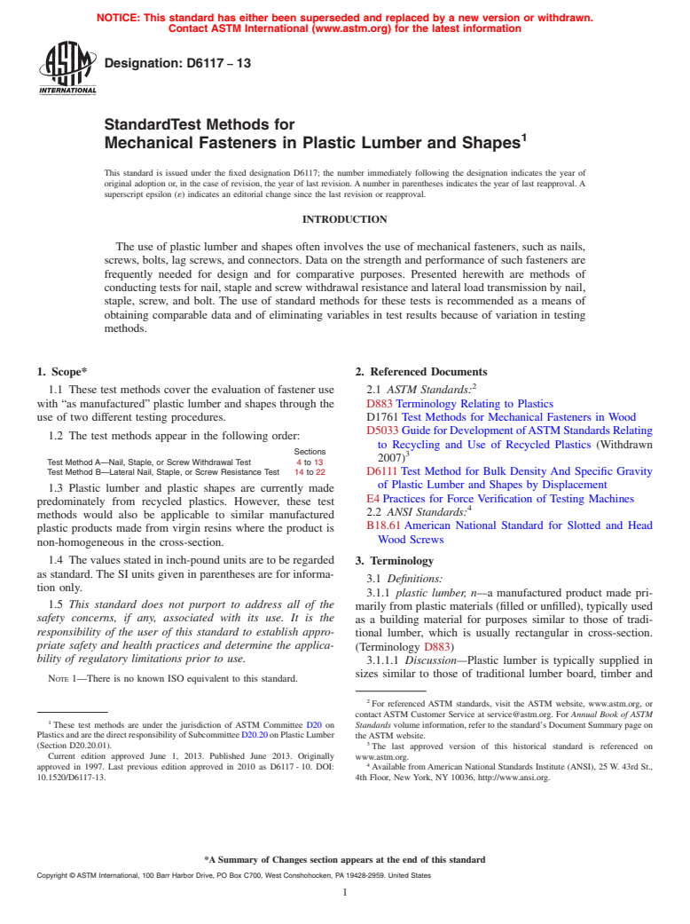 ASTM D6117-13 - Standard Test Methods for  Mechanical Fasteners in Plastic Lumber and Shapes