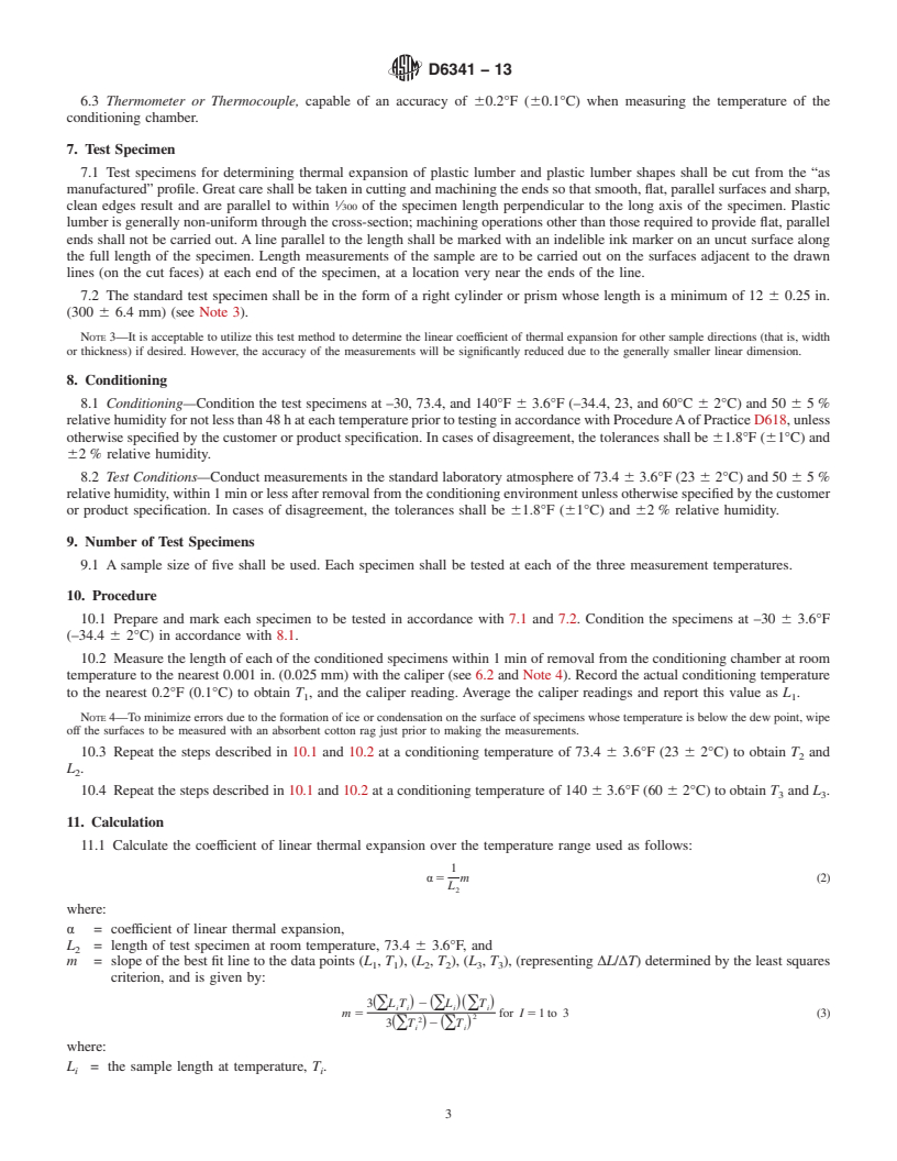 REDLINE ASTM D6341-13 - Standard Test Method for  Determination of the Linear Coefficient of Thermal Expansion  of Plastic Lumber and Plastic Lumber Shapes Between &ndash;30 and  140&deg;F (&ndash;34.4 and 60&deg;C)