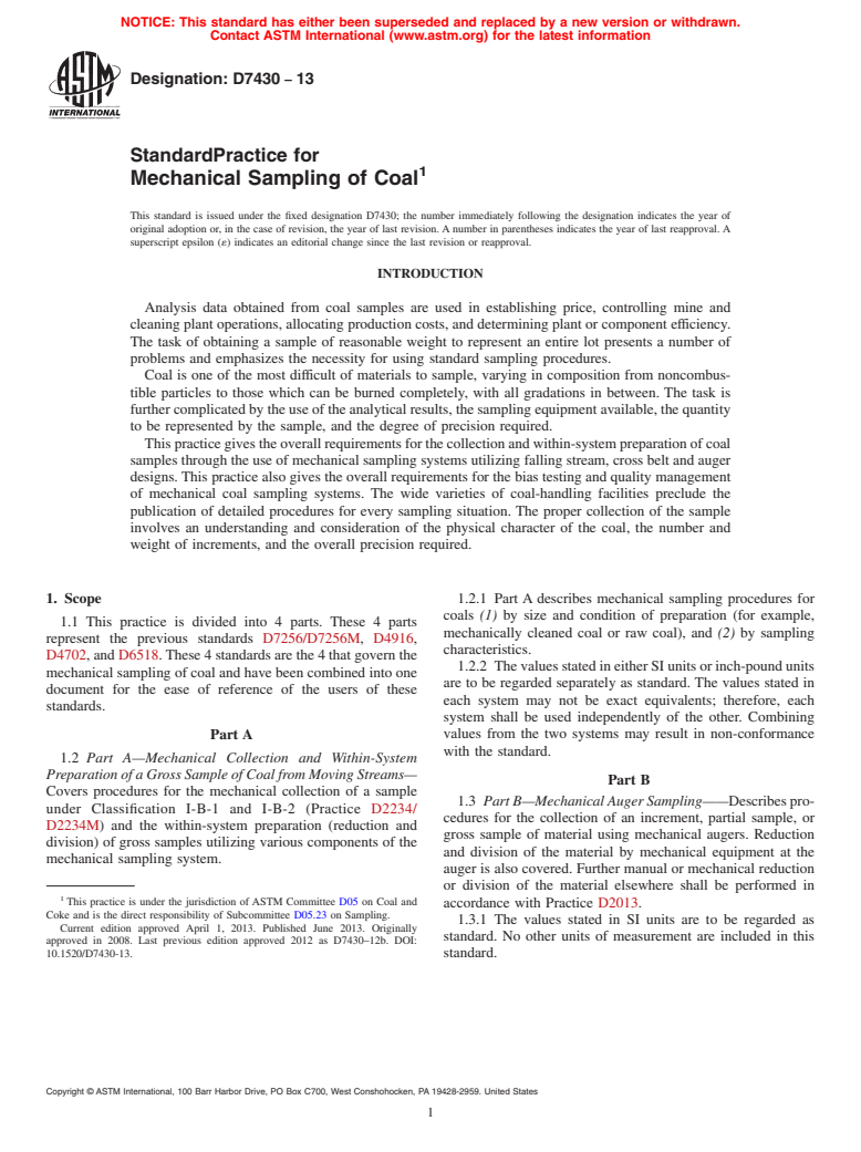 ASTM D7430-13 - Standard Practice for  Mechanical Sampling of Coal