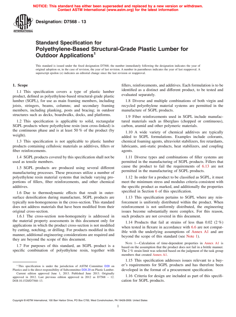 ASTM D7568-13 - Standard Specification for  Polyethylene-Based Structural-Grade Plastic Lumber for Outdoor  Applications