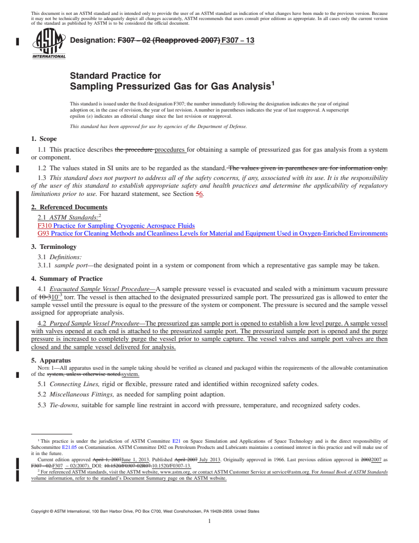 REDLINE ASTM F307-13 - Standard Practice for  Sampling Pressurized Gas for Gas Analysis