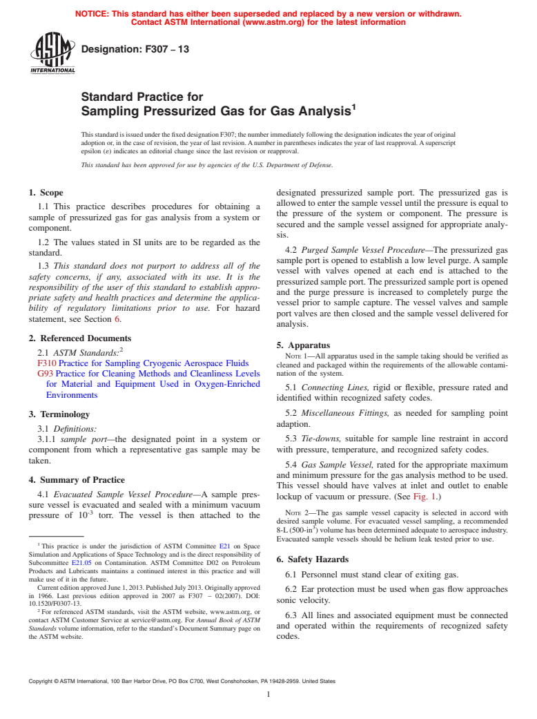 ASTM F307-13 - Standard Practice for  Sampling Pressurized Gas for Gas Analysis