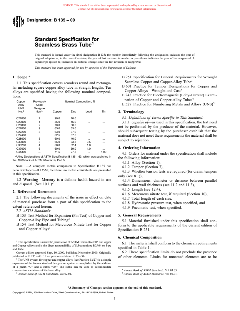 ASTM B135-00 - Standard Specification for Seamless Brass Tube [Metric]
