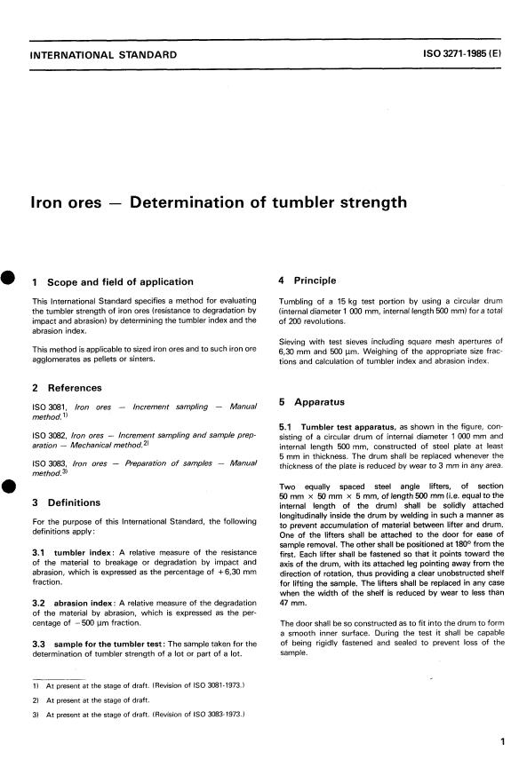 ISO 3271:1985 - Iron ores -- Determination of tumbler strength