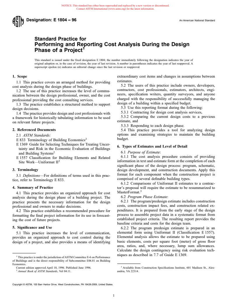 ASTM E1804-96 - Standard Practice for Performing and Reporting Cost Analysis During the Design Phase of a Project