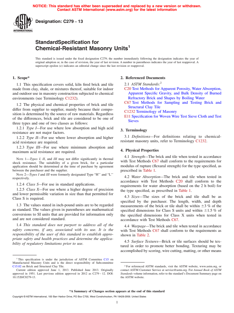 ASTM C279-13 - Standard Specification for  Chemical-Resistant Masonry Units