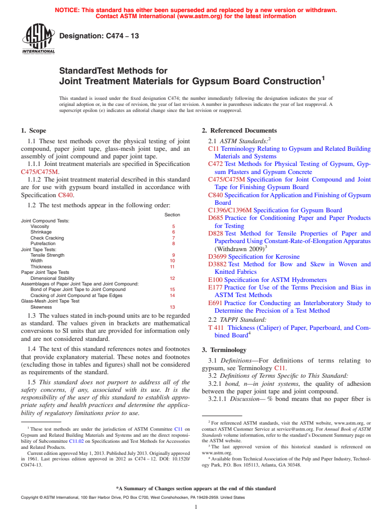 ASTM C474-13 - Standard Test Methods for  Joint Treatment Materials for Gypsum Board Construction