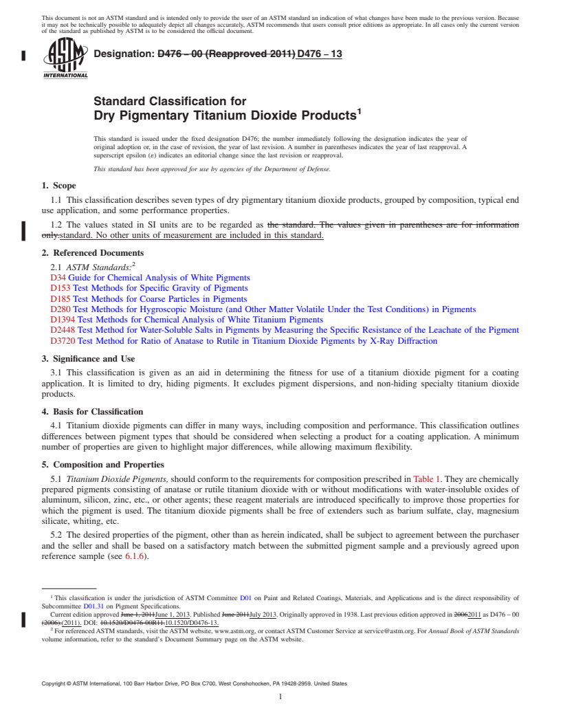 REDLINE ASTM D476-13 - Standard Classification for Dry Pigmentary Titanium Dioxide Products