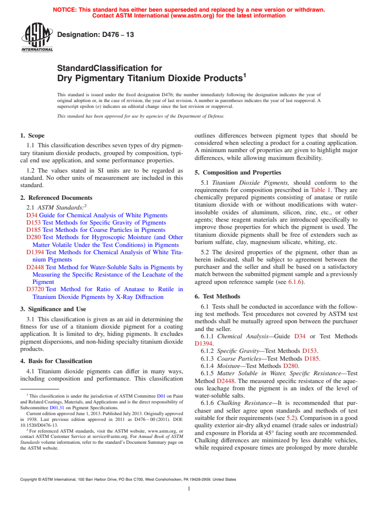 ASTM D476-13 - Standard Classification for Dry Pigmentary Titanium Dioxide Products