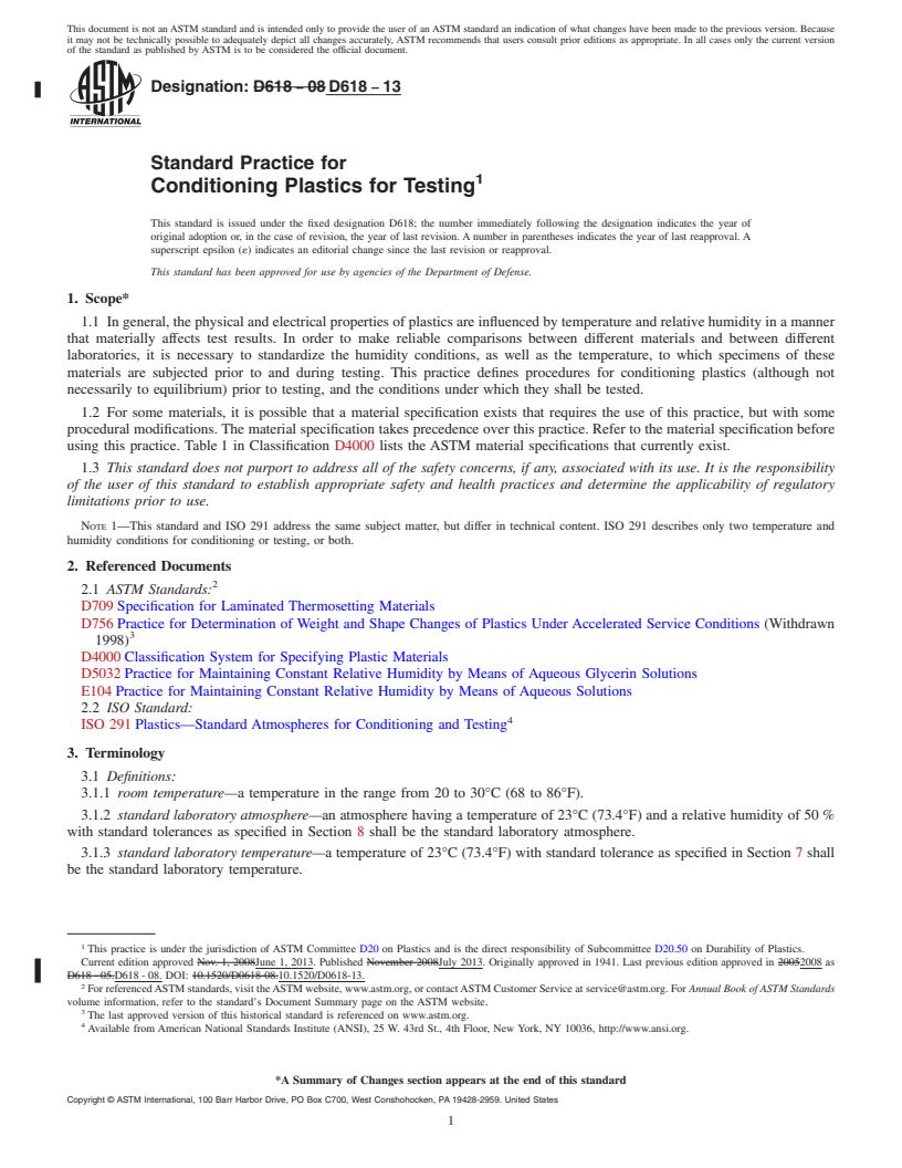 REDLINE ASTM D618-13 - Standard Practice for  Conditioning Plastics for Testing