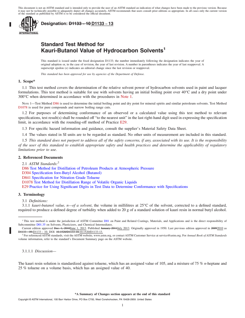 REDLINE ASTM D1133-13 - Standard Test Method for Kauri-Butanol Value of Hydrocarbon Solvents