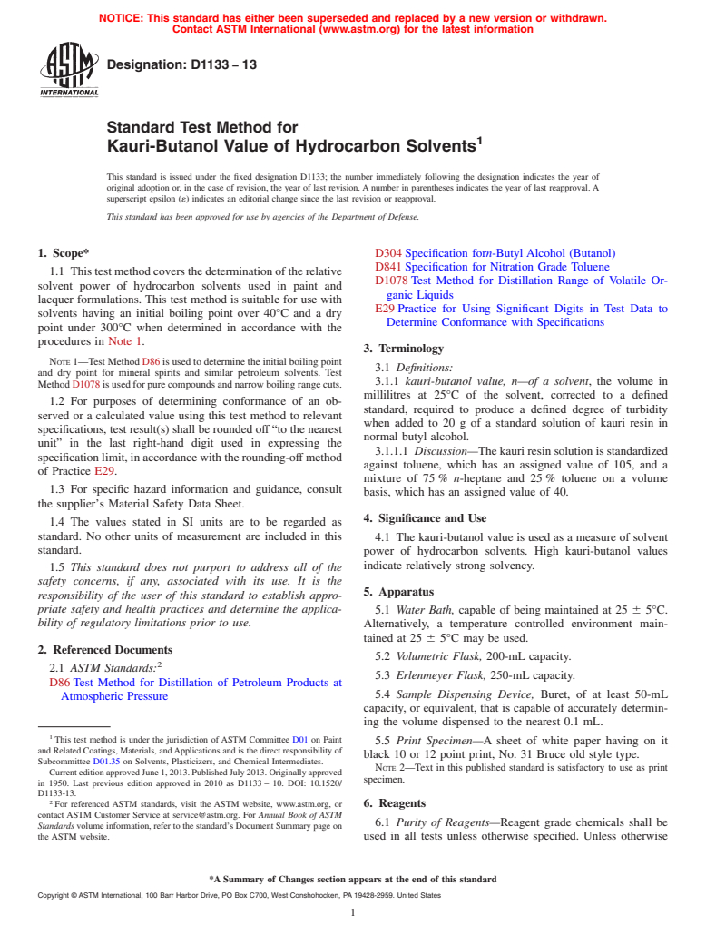 ASTM D1133-13 - Standard Test Method for Kauri-Butanol Value of Hydrocarbon Solvents