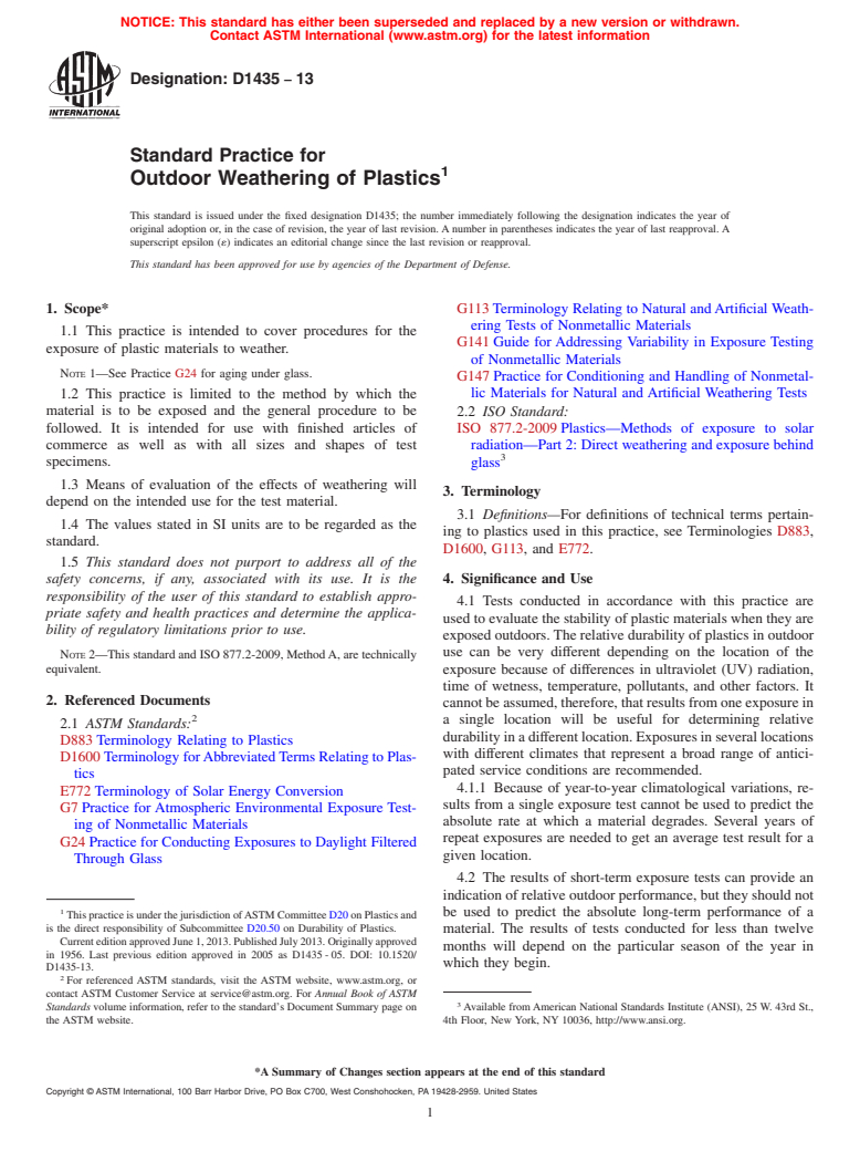 ASTM D1435-13 - Standard Practice for  Outdoor Weathering of Plastics