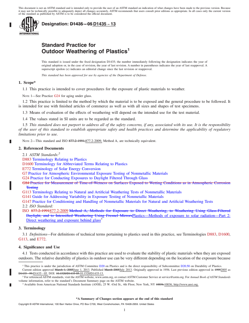 REDLINE ASTM D1435-13 - Standard Practice for  Outdoor Weathering of Plastics