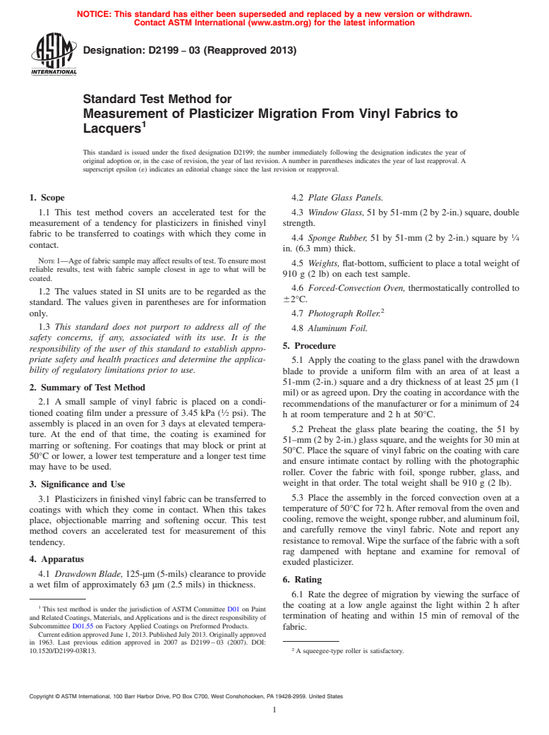 ASTM D2199-03(2013) - Standard Test Method for Measurement of Plasticizer Migration From Vinyl Fabrics to  Lacquers