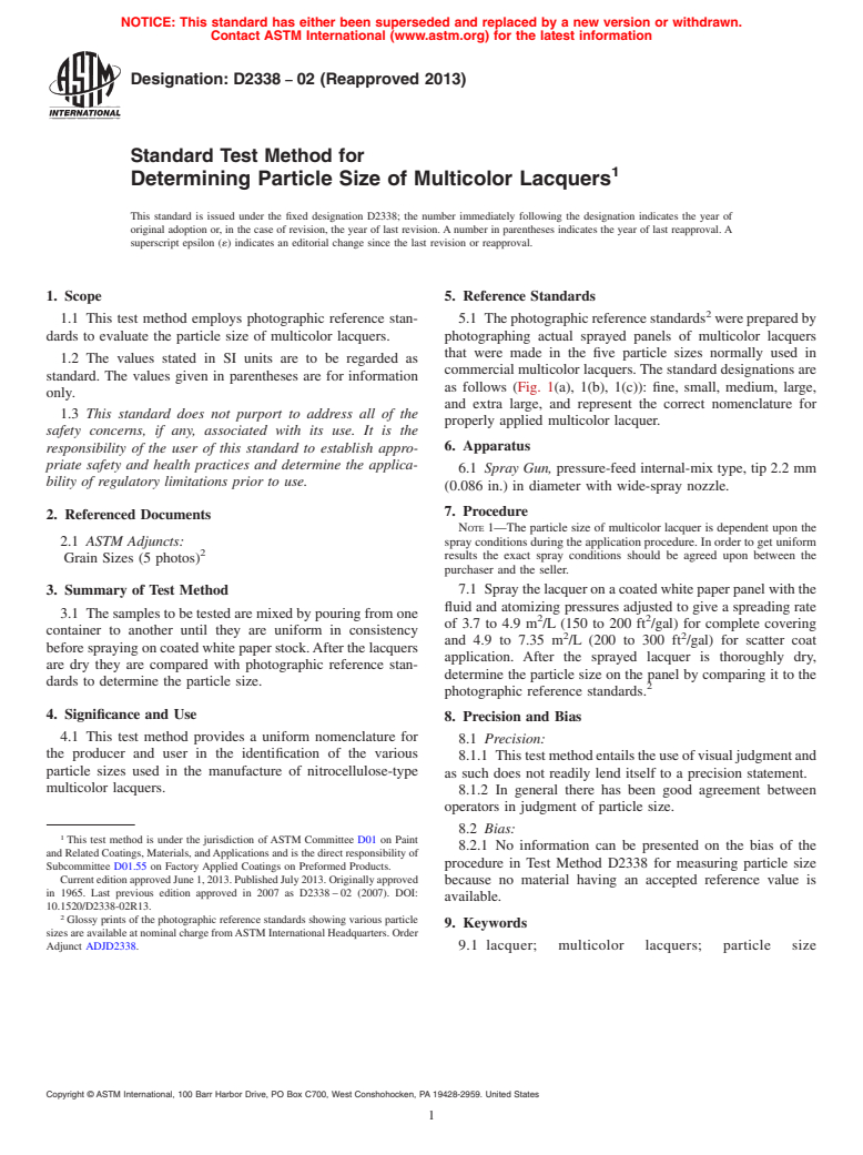 ASTM D2338-02(2013) - Standard Test Method for Determining Particle Size of Multicolor Lacquers (Withdrawn 2020)