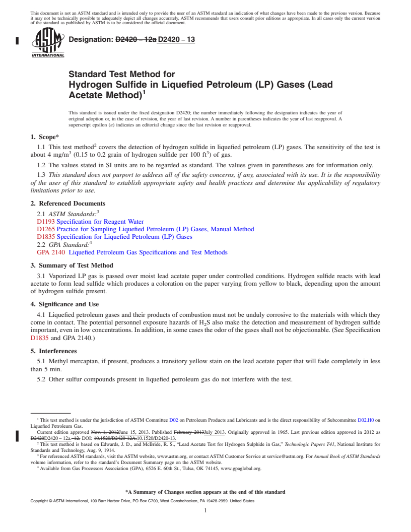 REDLINE ASTM D2420-13 - Standard Test Method for Hydrogen Sulfide in Liquefied Petroleum (LP) Gases (Lead Acetate  Method)
