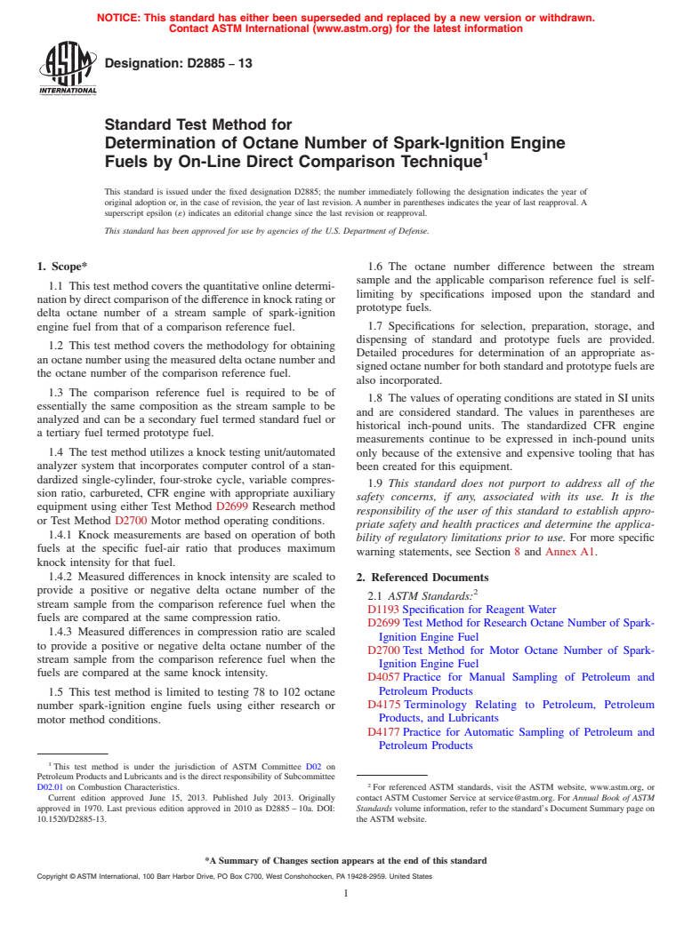 ASTM D2885-13 - Standard Test Method for  Determination of Octane Number of Spark-Ignition Engine Fuels  by On-Line Direct Comparison Technique