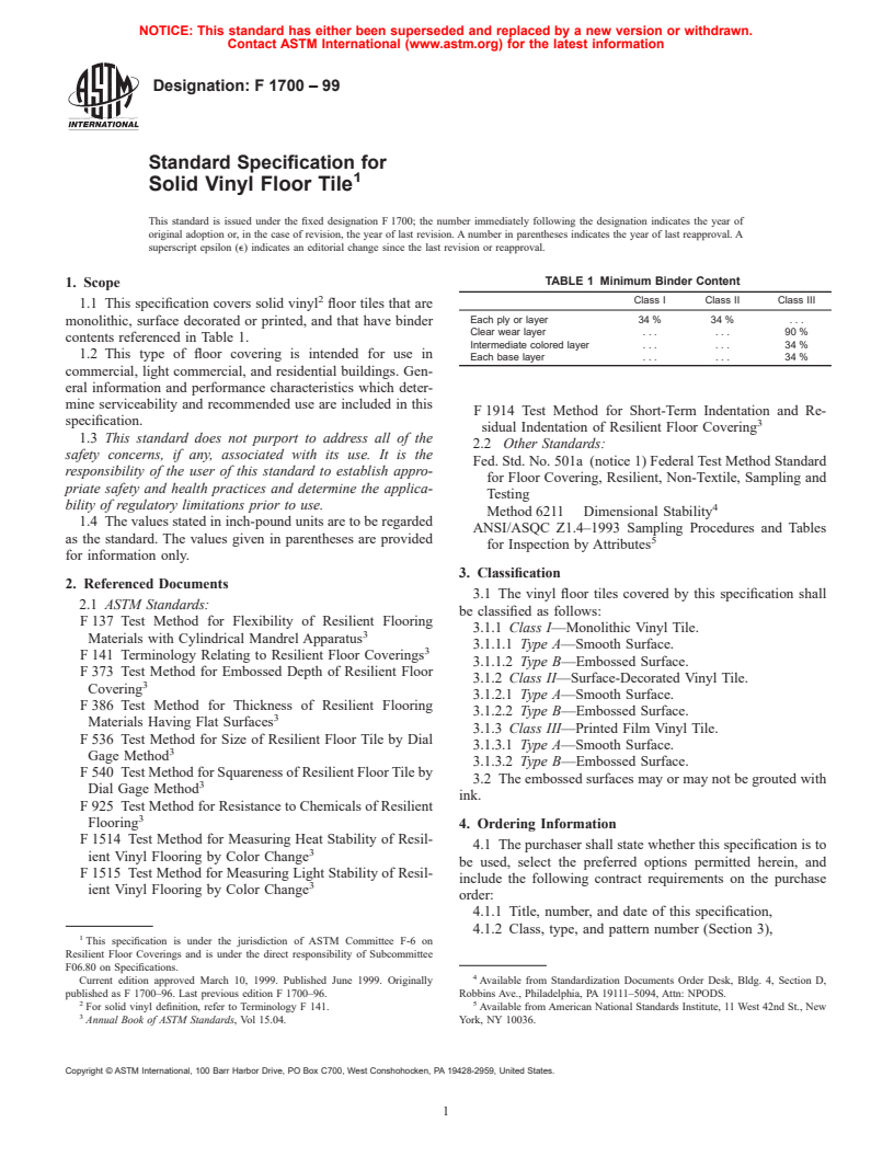 ASTM F1700-99 - Standard Specification for Solid Vinyl Floor Tile