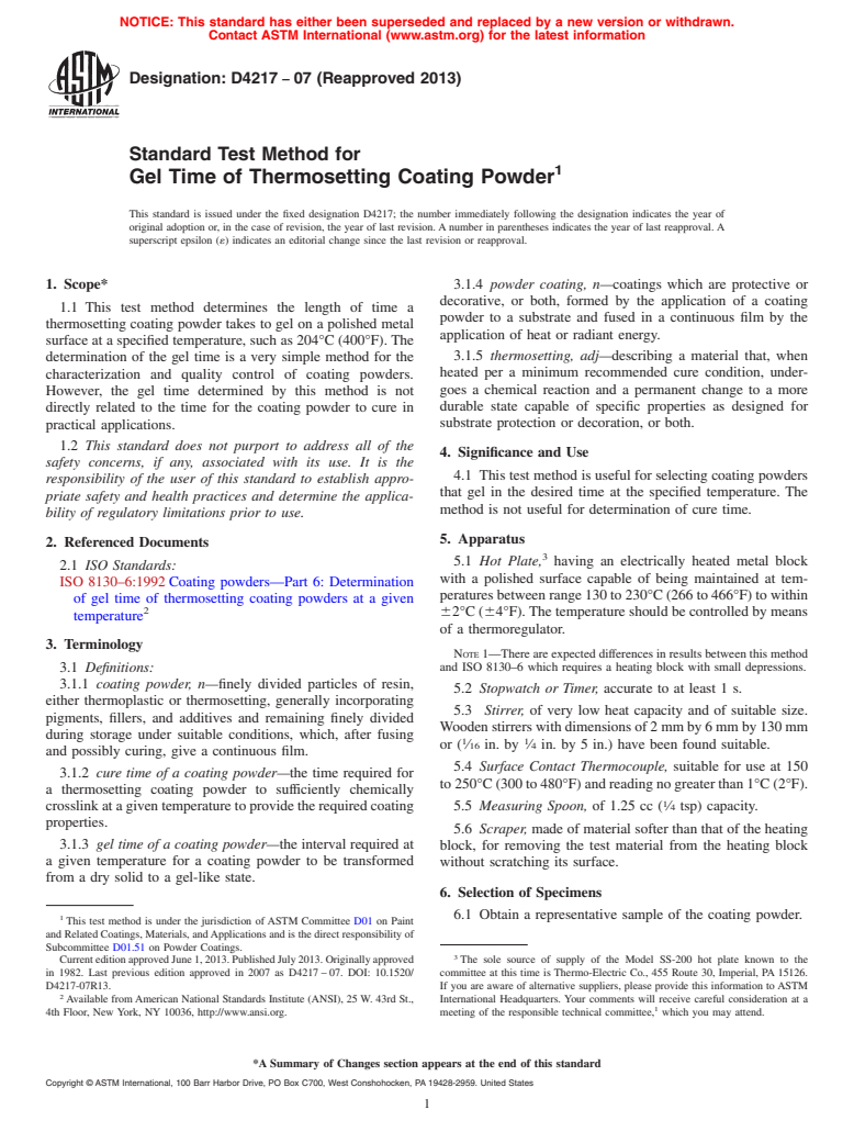 ASTM D4217-07(2013) - Standard Test Method for Gel Time of Thermosetting Coating Powder