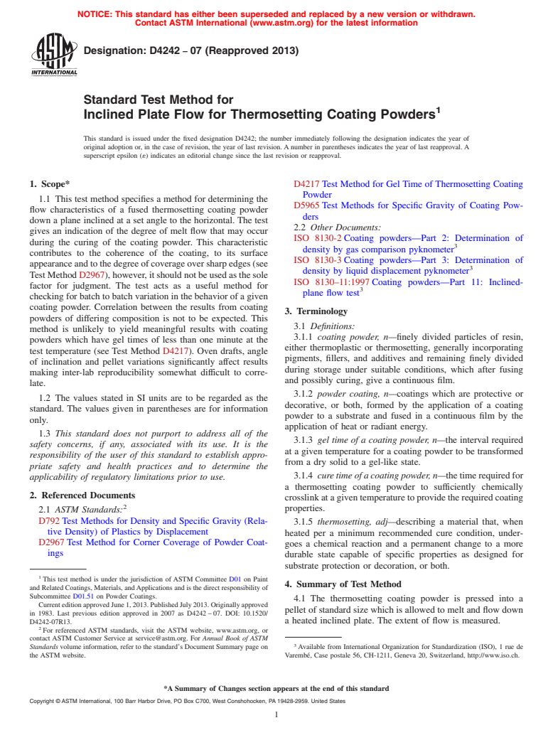 ASTM D4242-07(2013) - Standard Test Method for Inclined Plate Flow for Thermosetting Coating Powders