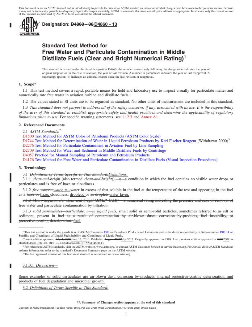 REDLINE ASTM D4860-13 - Standard Test Method for  Free Water and Particulate Contamination in Middle Distillate   Fuels (Clear and Bright Numerical Rating)