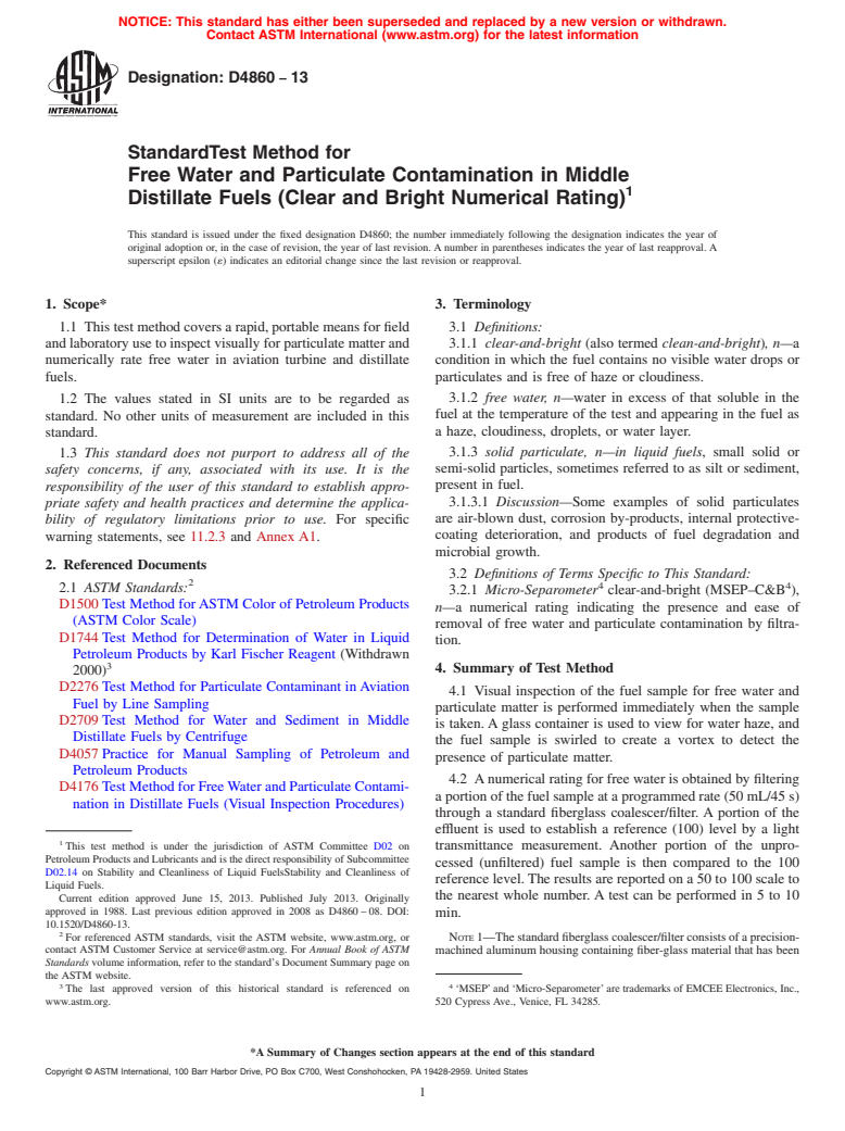 ASTM D4860-13 - Standard Test Method for  Free Water and Particulate Contamination in Middle Distillate   Fuels (Clear and Bright Numerical Rating)