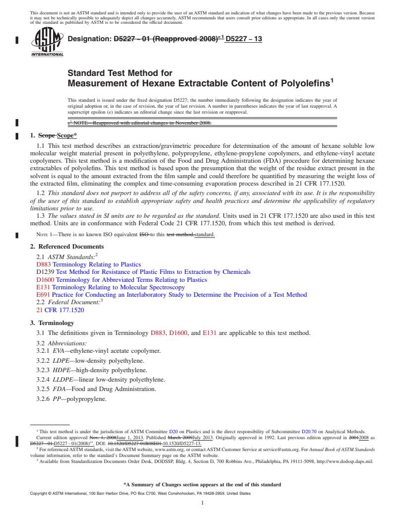 REDLINE ASTM D5227-13 - Standard Test Method for  Measurement of Hexane Extractable Content of Polyolefins