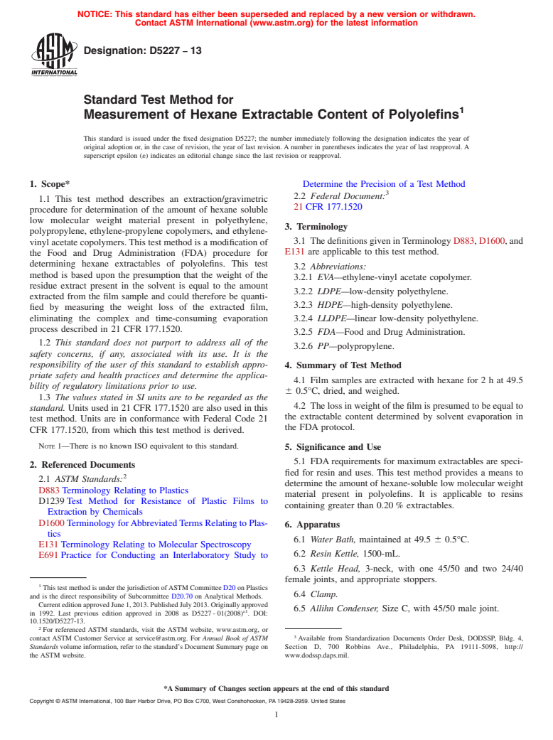 ASTM D5227-13 - Standard Test Method for  Measurement of Hexane Extractable Content of Polyolefins