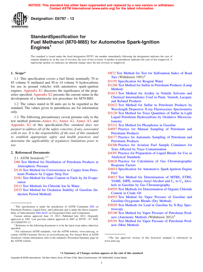 ASTM D5797-13 - Standard Specification for  Fuel Methanol (M70-M85) for Automotive Spark-Ignition Engines