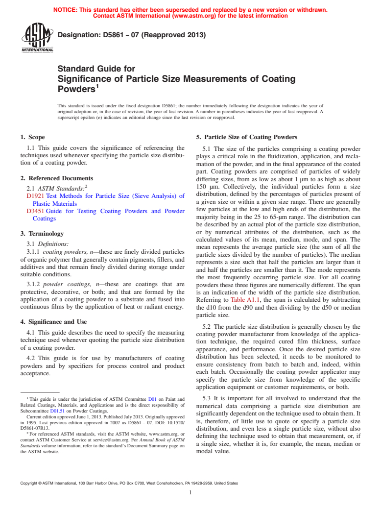 ASTM D5861-07(2013) - Standard Guide for Significance of Particle Size Measurements of Coating Powders