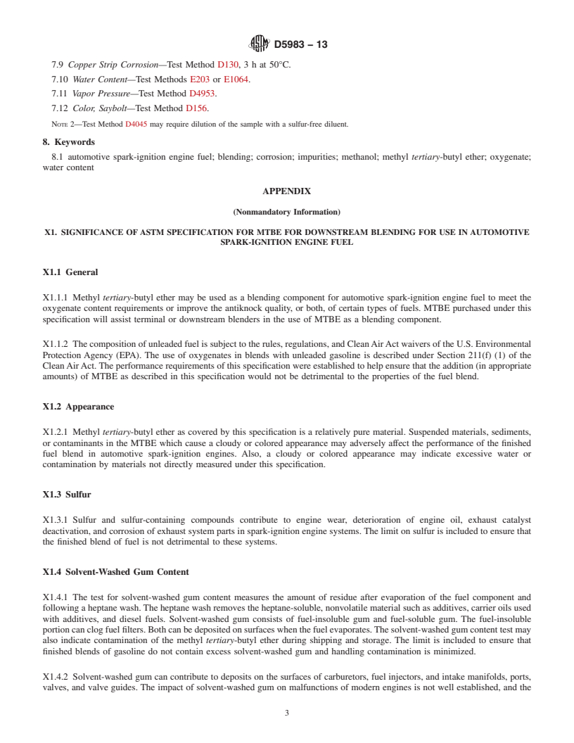 REDLINE ASTM D5983-13 - Standard Specification for  Methyl Tertiary-Butyl Ether (MTBE) for Downstream Blending   for Use in Automotive Spark-Ignition Engine Fuel