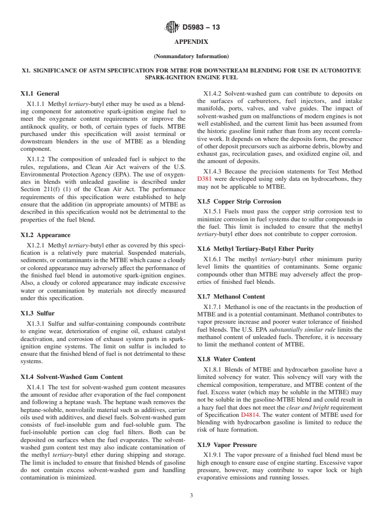 ASTM D5983-13 - Standard Specification for  Methyl Tertiary-Butyl Ether (MTBE) for Downstream Blending   for Use in Automotive Spark-Ignition Engine Fuel