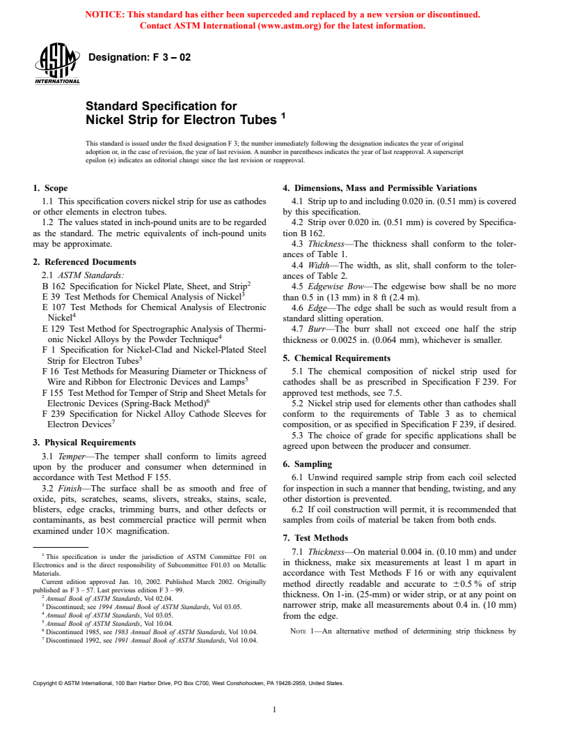 ASTM F3-02 - Standard Specification for Nickel Strip for Electron Tubes