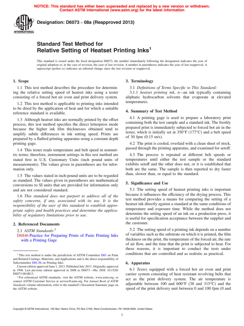 ASTM D6073-08a(2013) - Standard Test Method for Relative Setting of Heatset Printing Inks