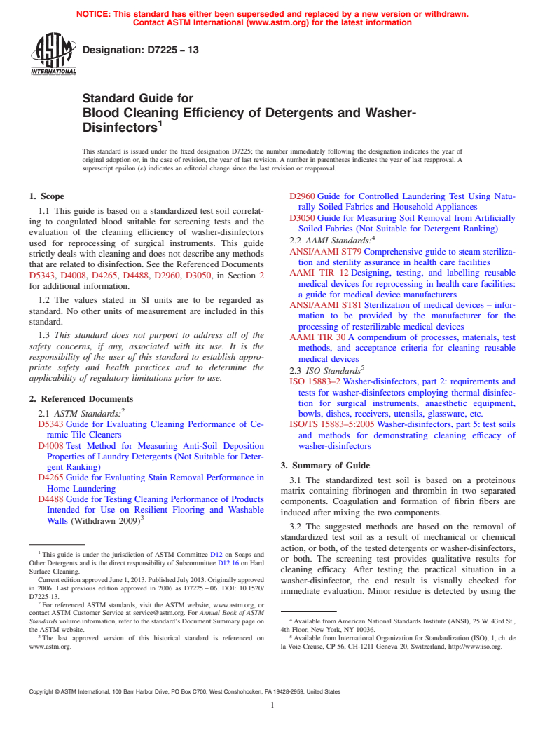 ASTM D7225-13 - Standard Guide for   Blood Cleaning Efficiency of Detergents and Washer-Disinfectors